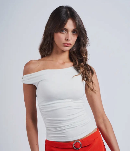 Kris Asymmetrical One Shoulder Top (Off White)