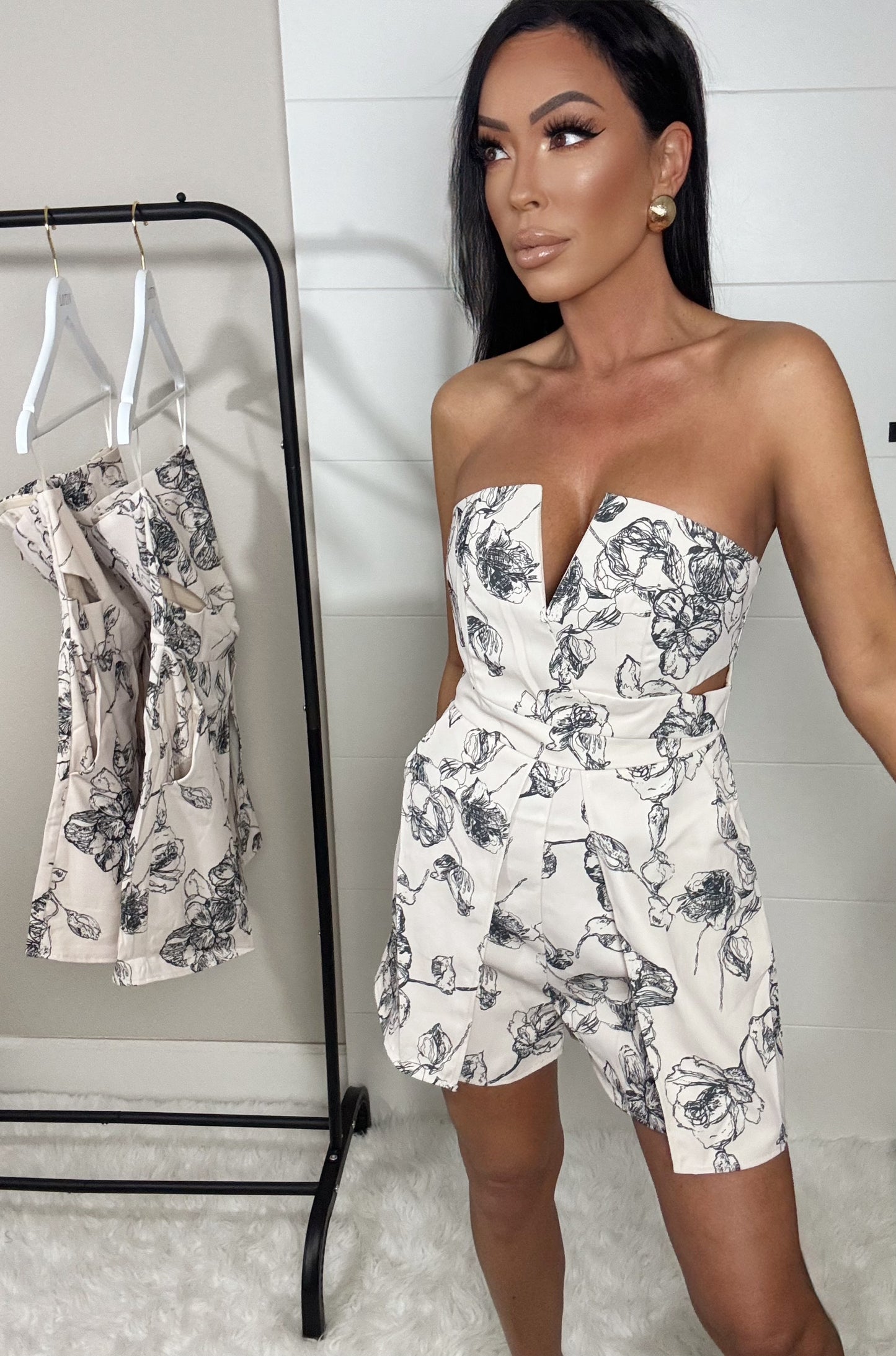 Noroc Strapless Floral Overlay Romper (Cream)