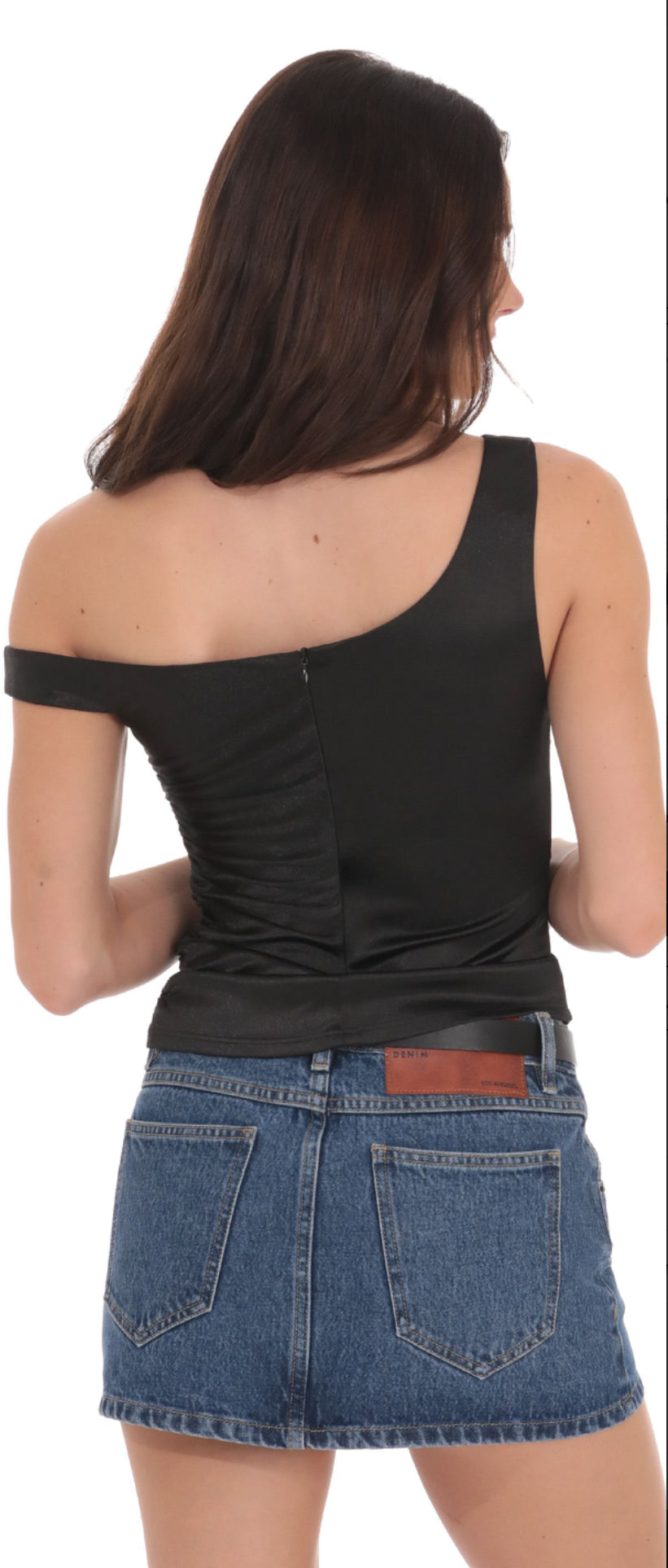 Cara Asymmetric Satin Off the Shoulder Top (Black)