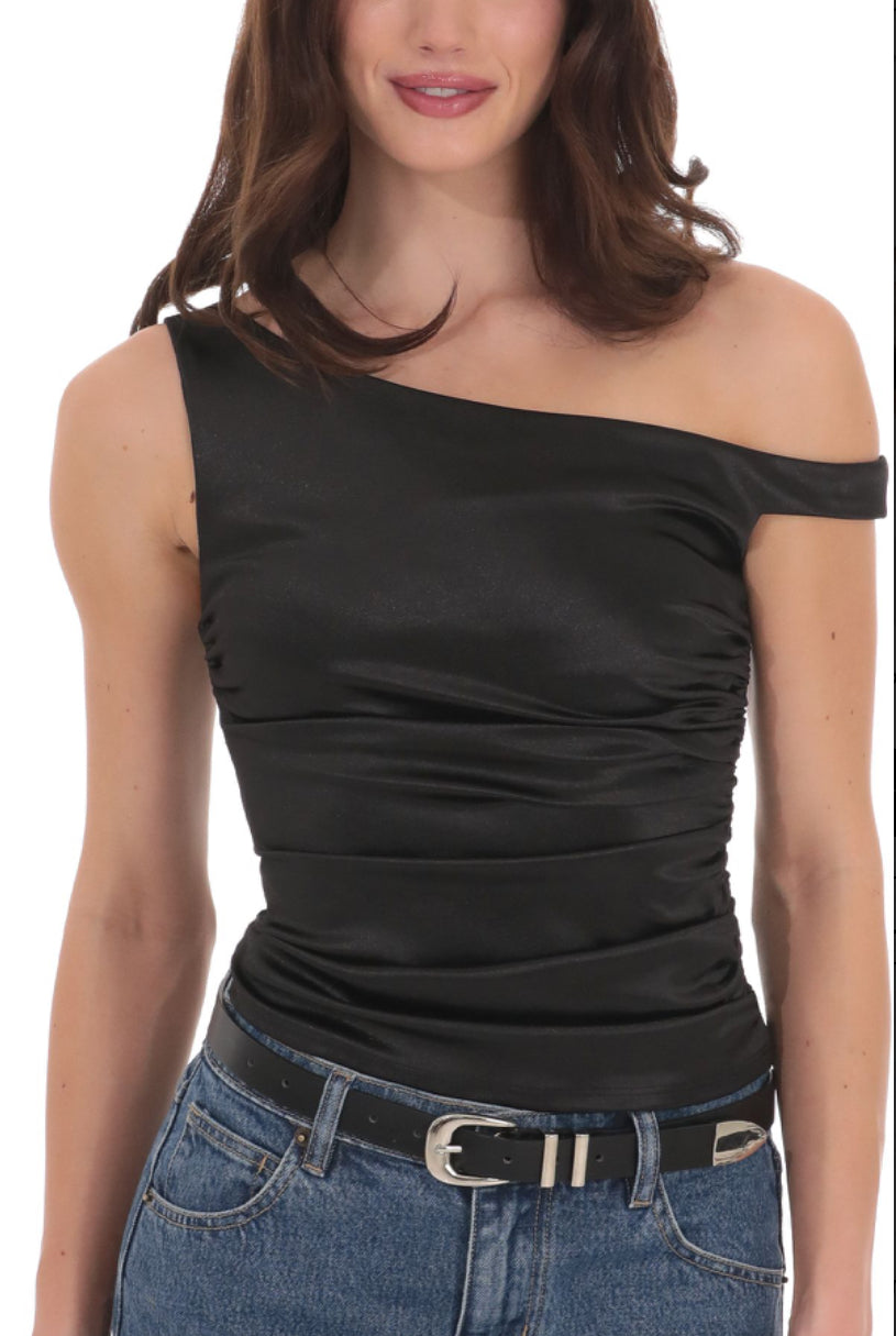 Cara Asymmetric Satin Off the Shoulder Top (Black)