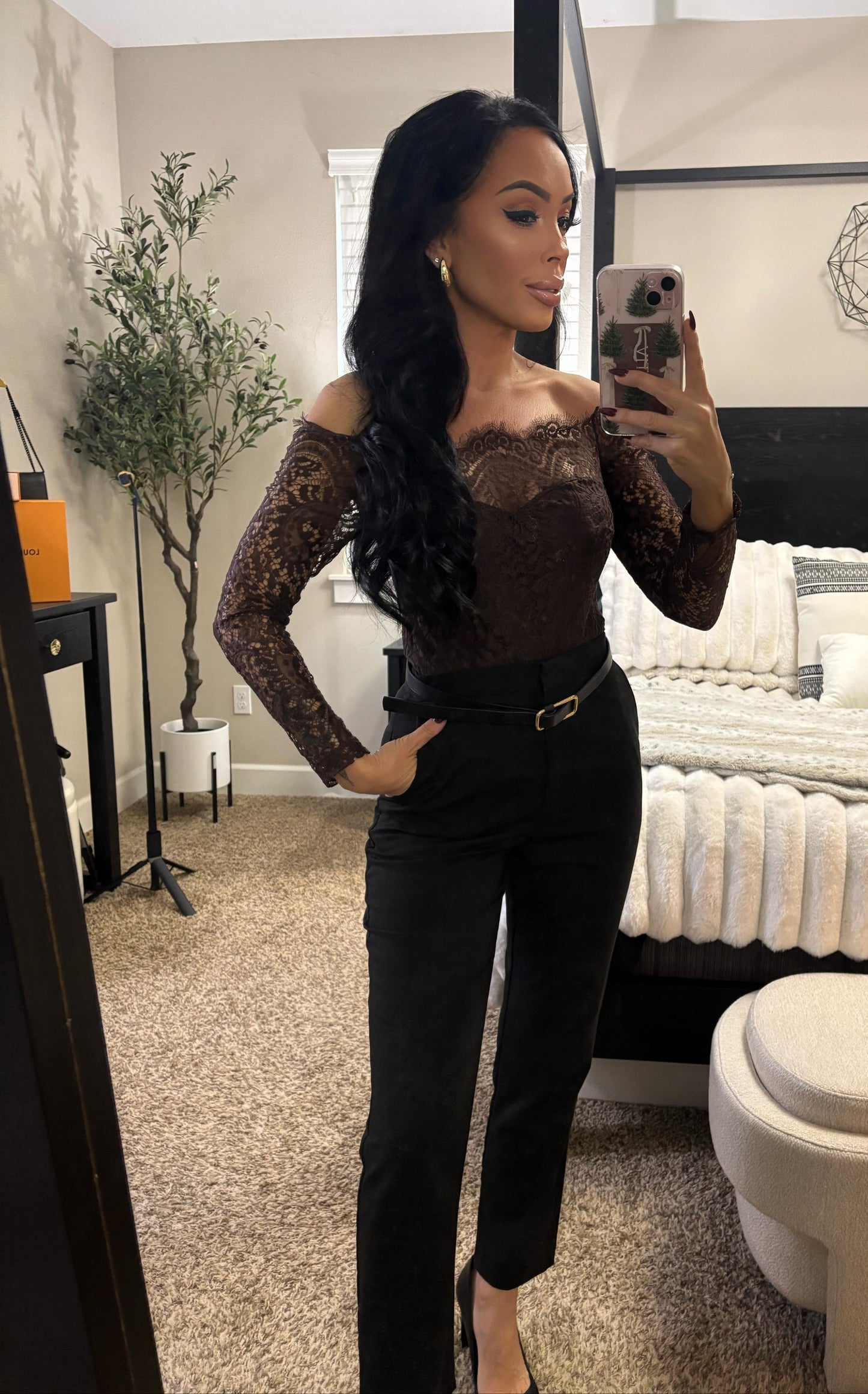 Hamlin Off Shoulder Lace Bodysuit (Brown)