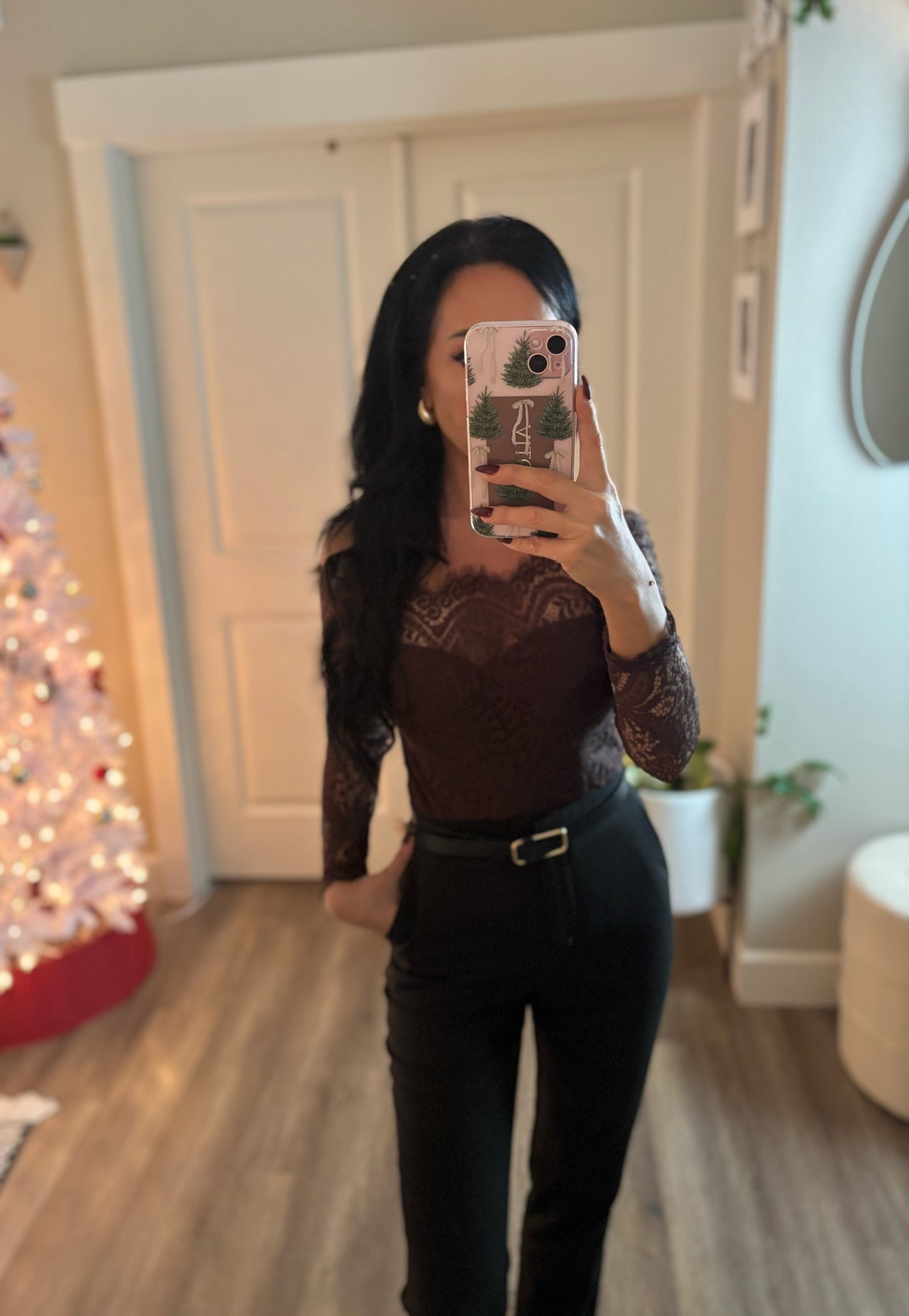 Hamlin Off Shoulder Lace Bodysuit (Brown)