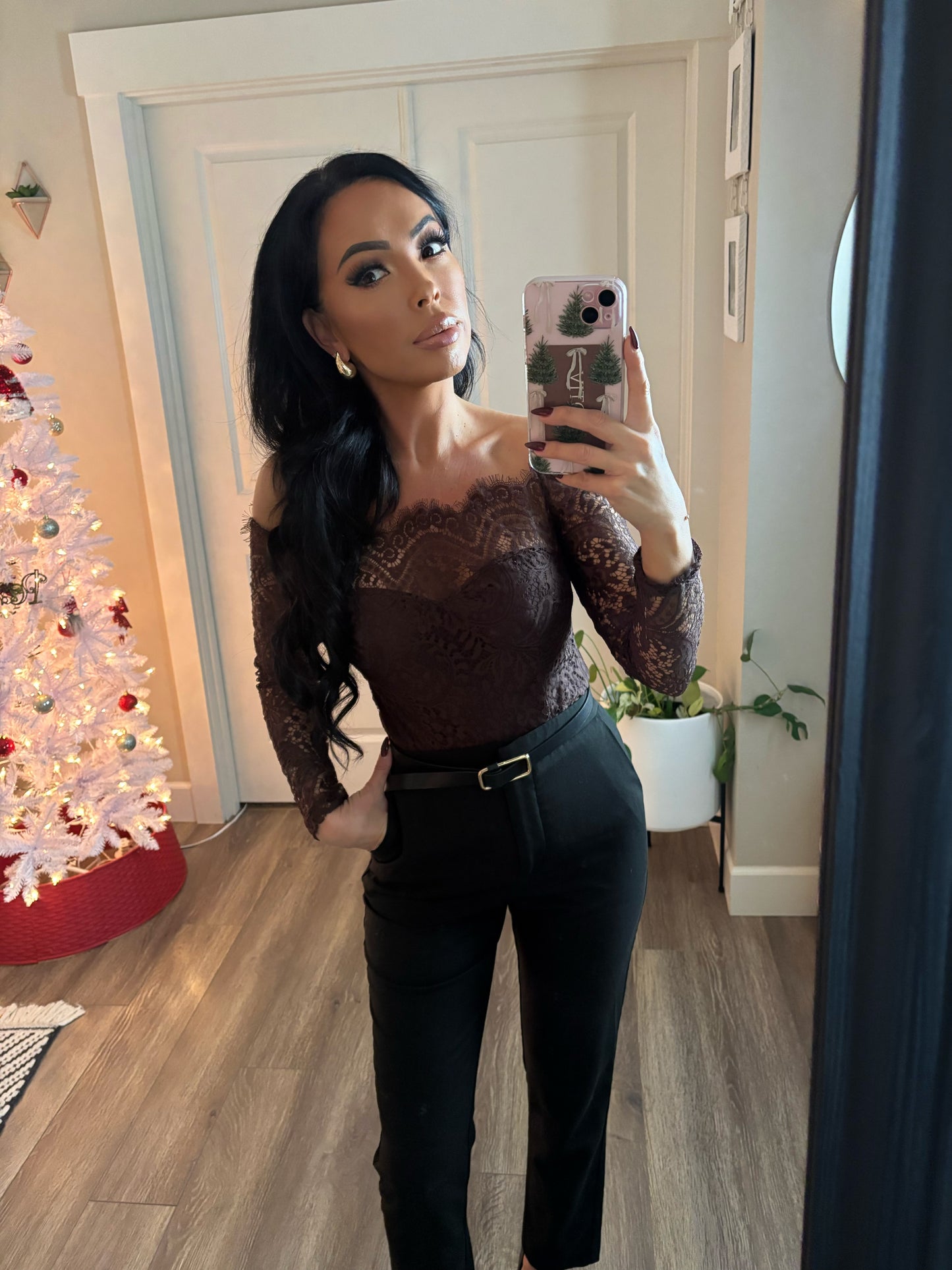 Hamlin Off Shoulder Lace Bodysuit (Brown)