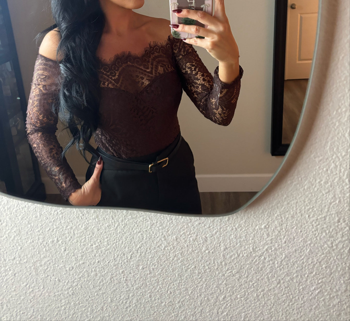 Hamlin Off Shoulder Lace Bodysuit (Brown)