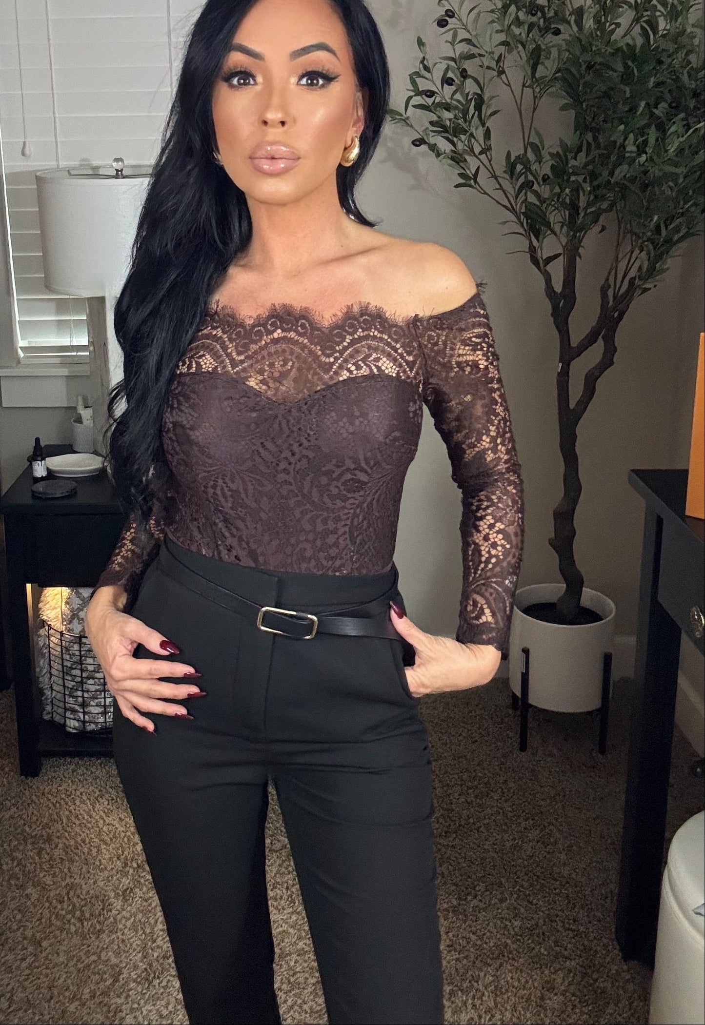 Hamlin Off Shoulder Lace Bodysuit (Brown)