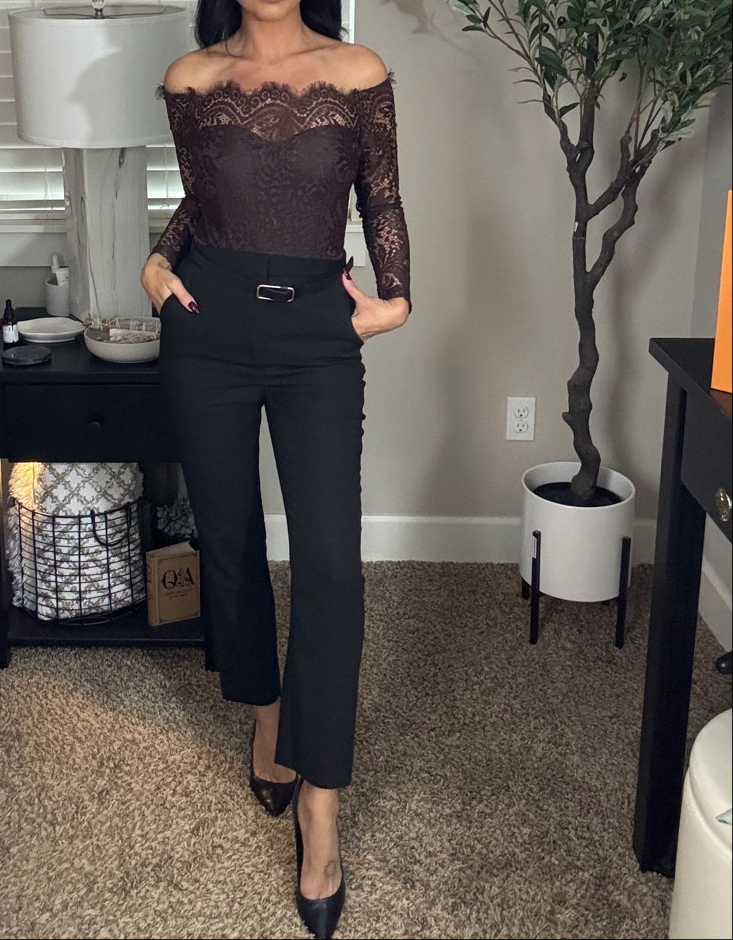 Hamlin Off Shoulder Lace Bodysuit (Brown)