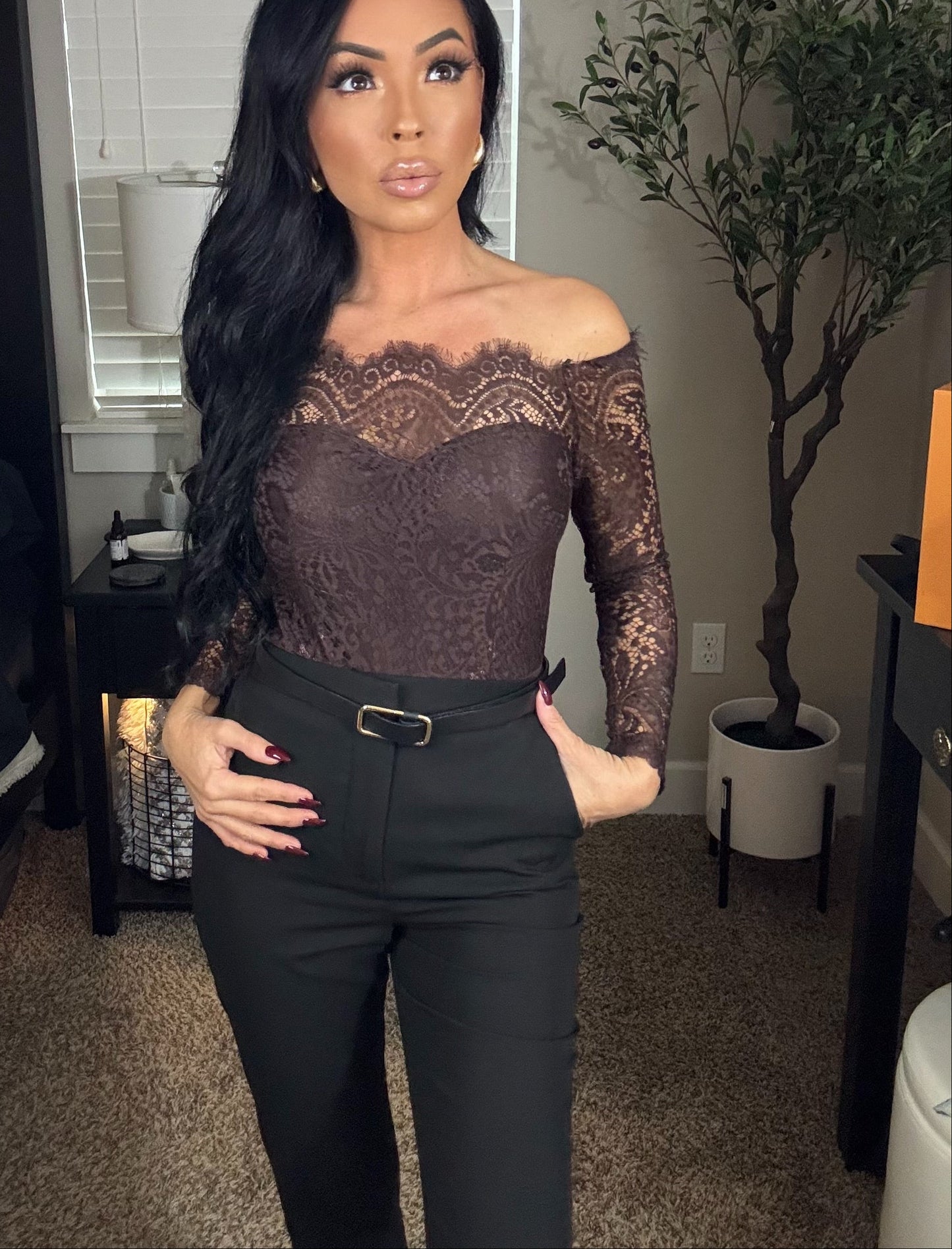 Hamlin Off Shoulder Lace Bodysuit (Brown)