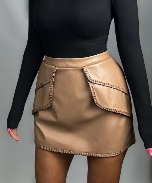 NORMA VEGAN STITCH MINI SKIRT (TAN CAMEL)