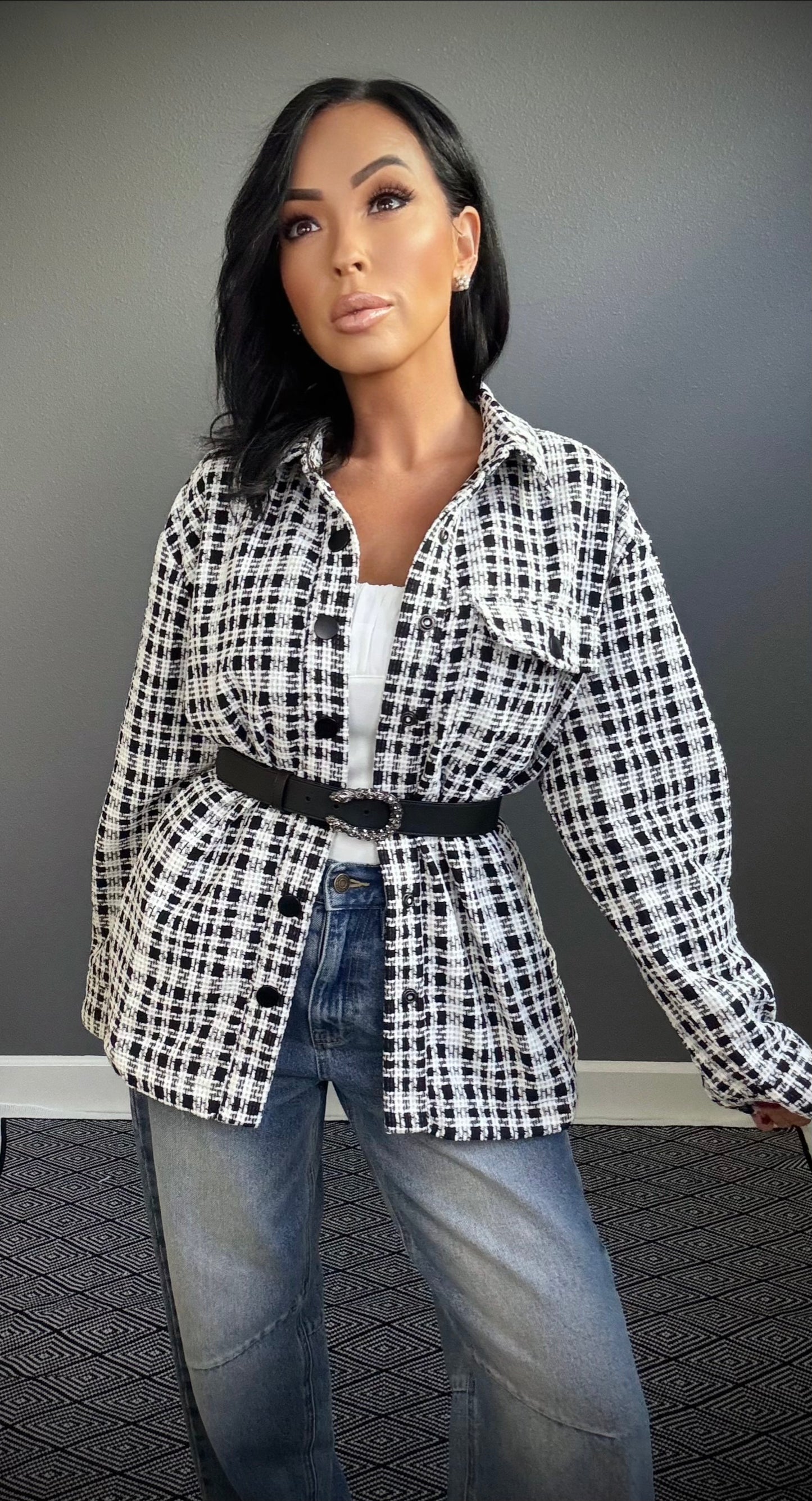 ANA TWEED OVERSIZED BLACK & WHITE PLAID BLAZER JACKET