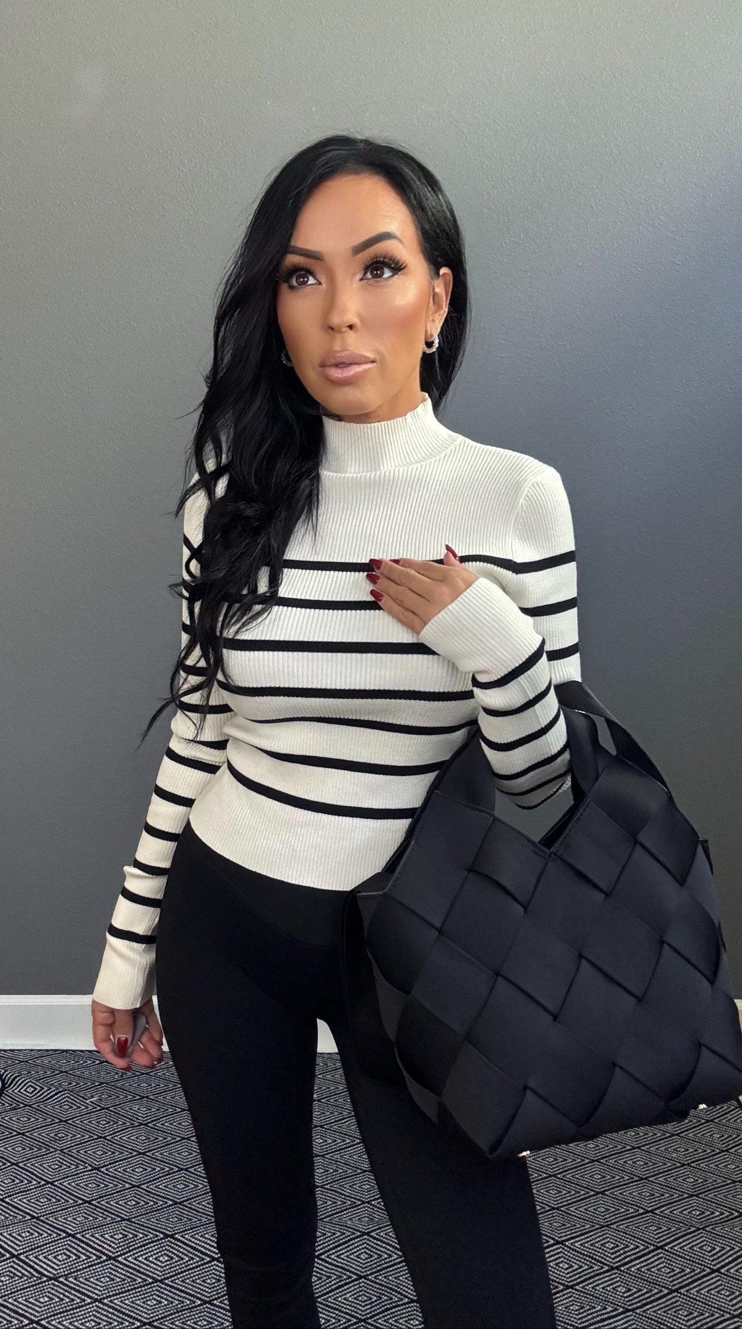 EMMELINE STRIPED MOCK NECK TOP (CREAM w/ BLACK)