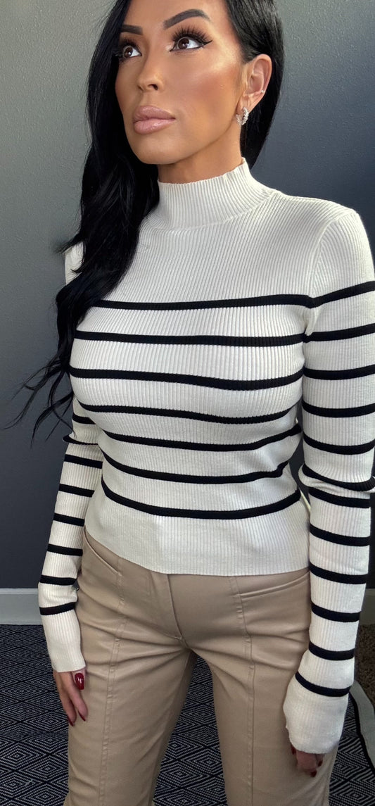 EMMELINE STRIPED MOCK NECK TOP (CREAM w/ BLACK)