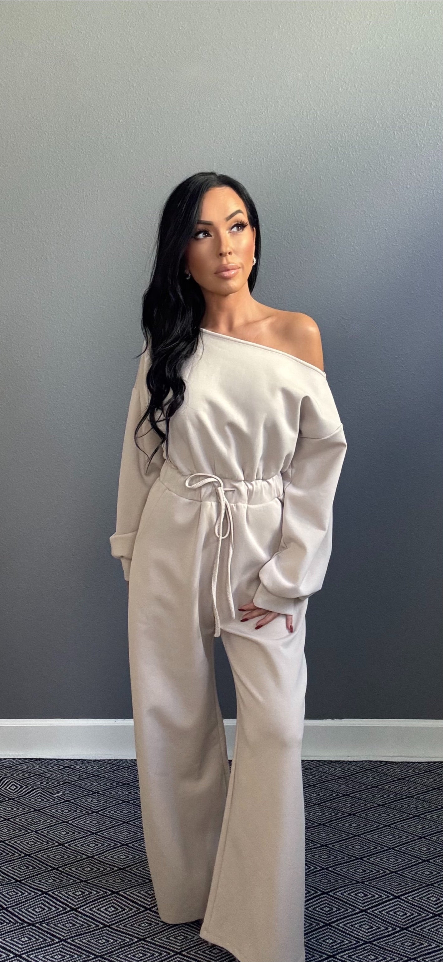 SCARLETT OFF SHOULDER LOUNGE JUMPSUIT (SAND)