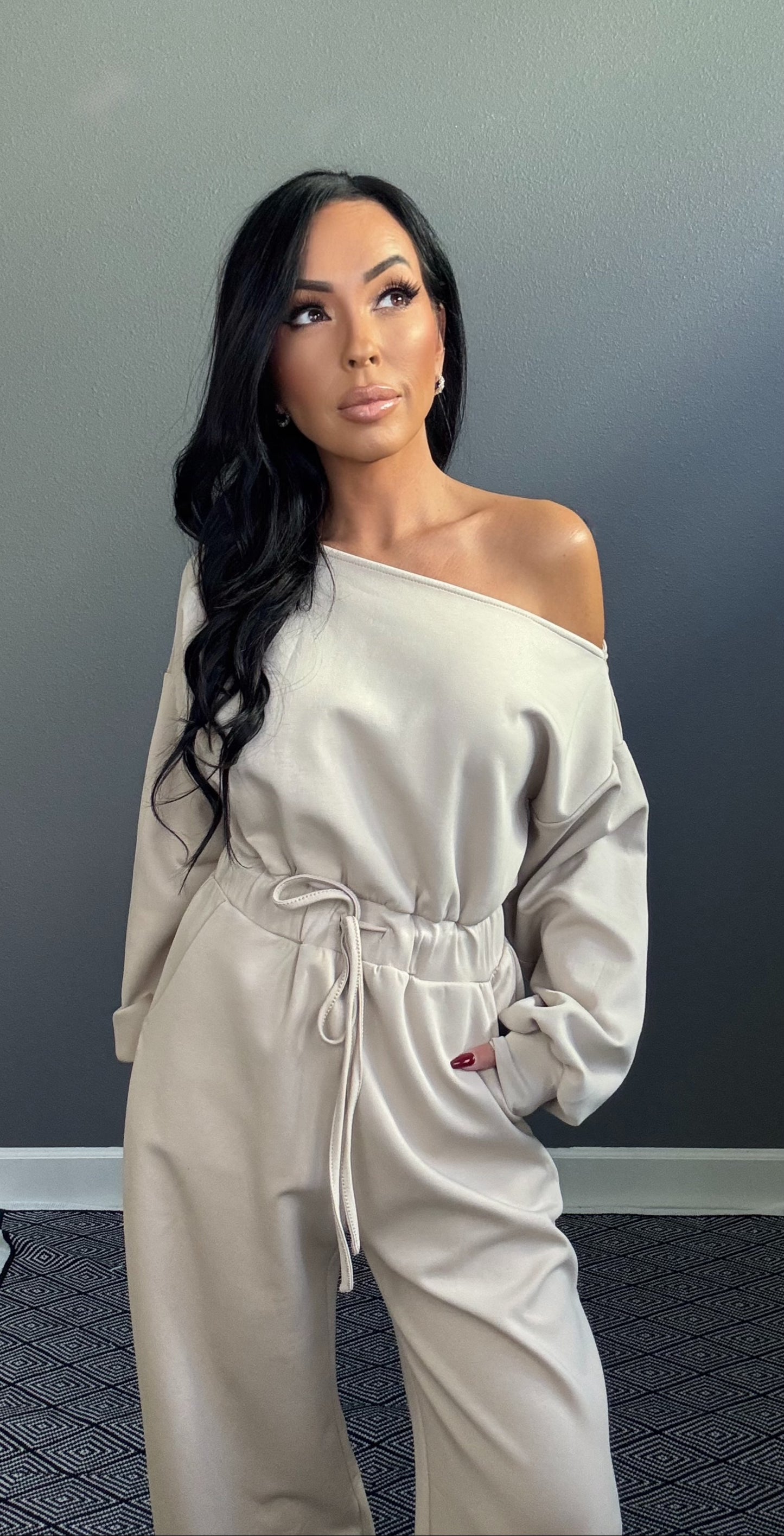 SCARLETT OFF SHOULDER LOUNGE JUMPSUIT (SAND)