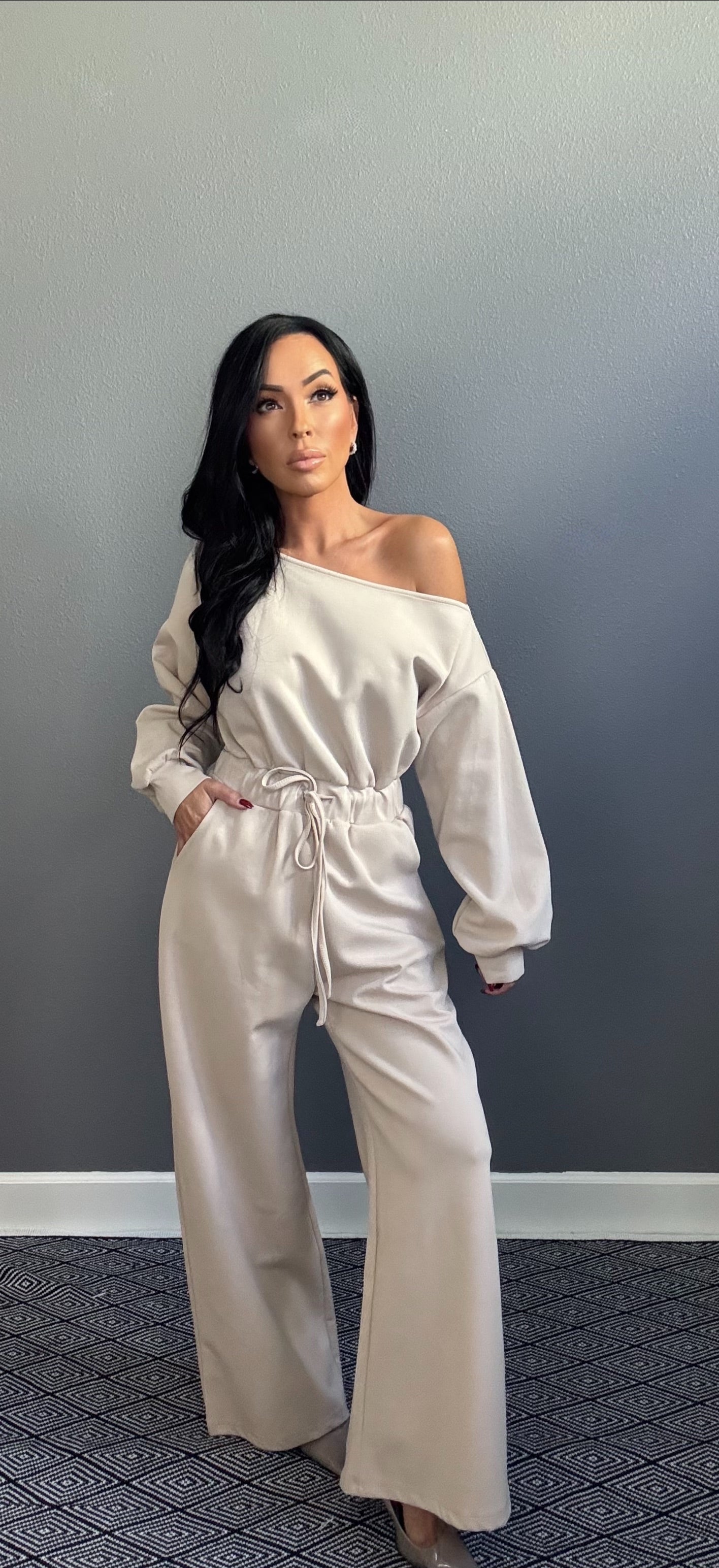 SCARLETT OFF SHOULDER LOUNGE JUMPSUIT (SAND)