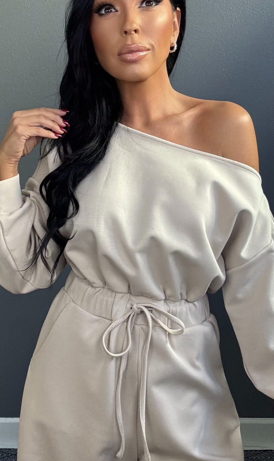 SCARLETT OFF SHOULDER LOUNGE JUMPSUIT (SAND)