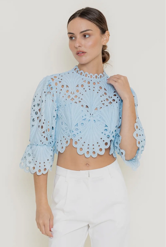 The Margot Eyelet Scalloped Top Blouse (Blue)
