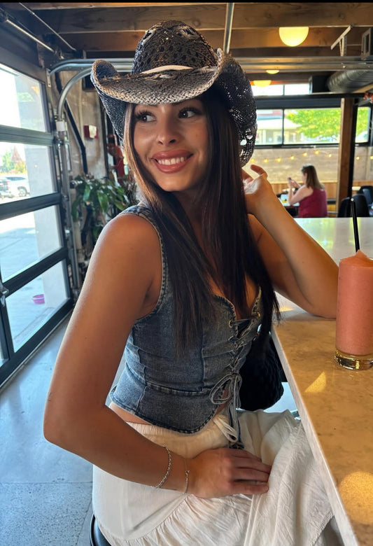 Talia Lace Up Front Jean Bustier Top ( Blue Denim)