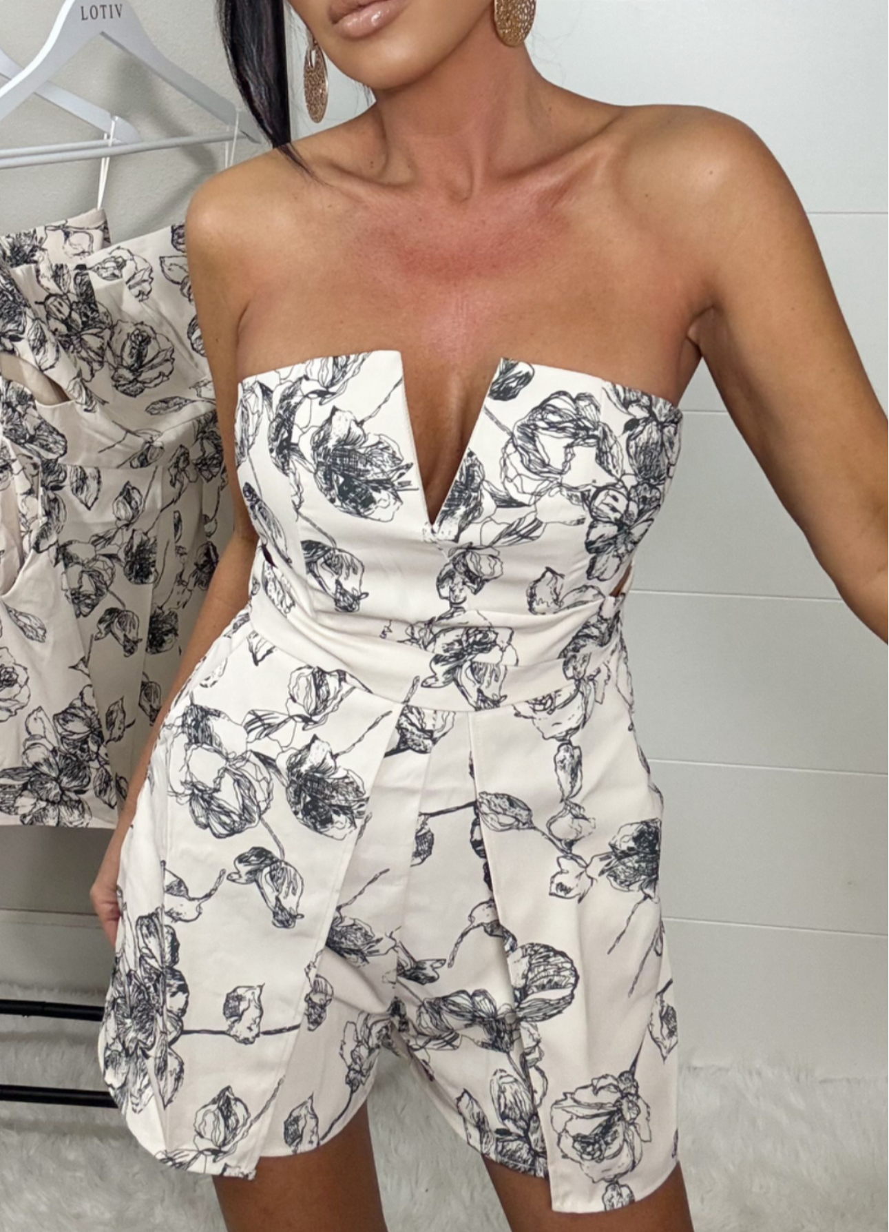 Noroc Strapless Floral Overlay Romper (Cream)