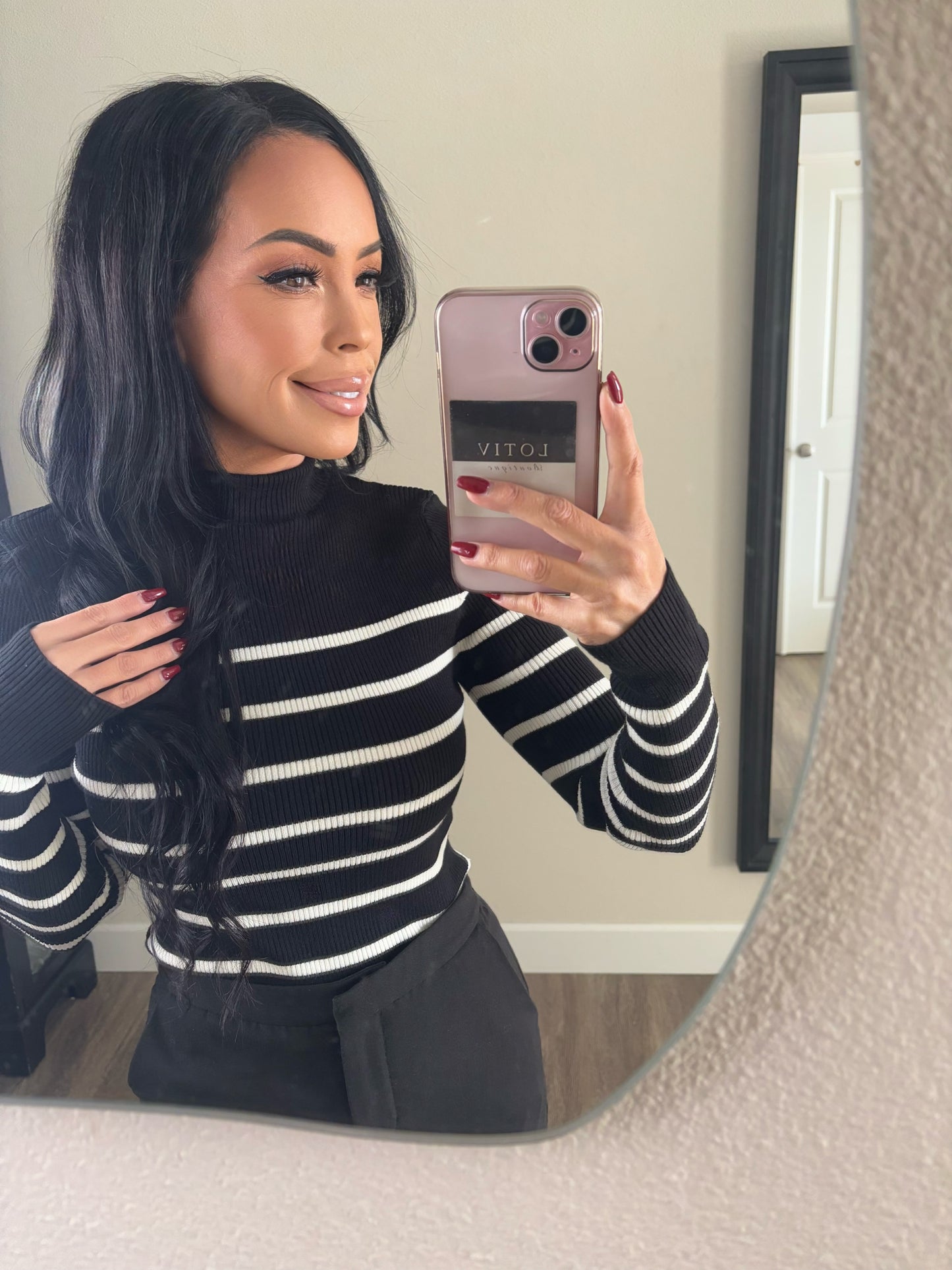 EMMELINE STRIPED MOCK NECK TOP (BLACK w/ CREAM)