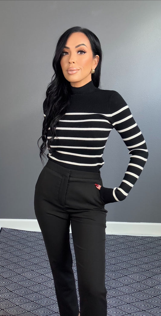 EMMELINE STRIPED MOCK NECK TOP (BLACK w/ CREAM)