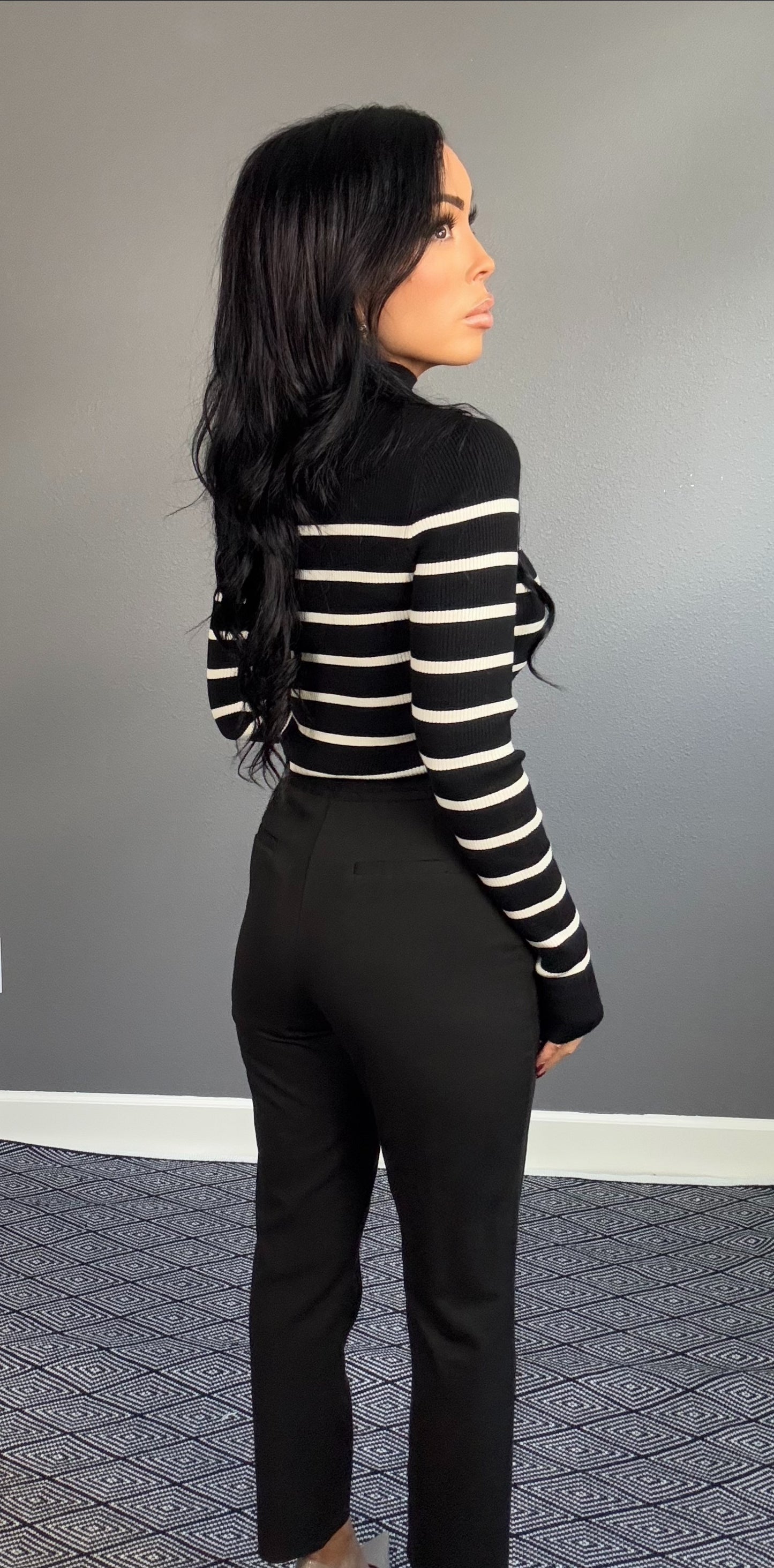 EMMELINE STRIPED MOCK NECK TOP (BLACK w/ CREAM)