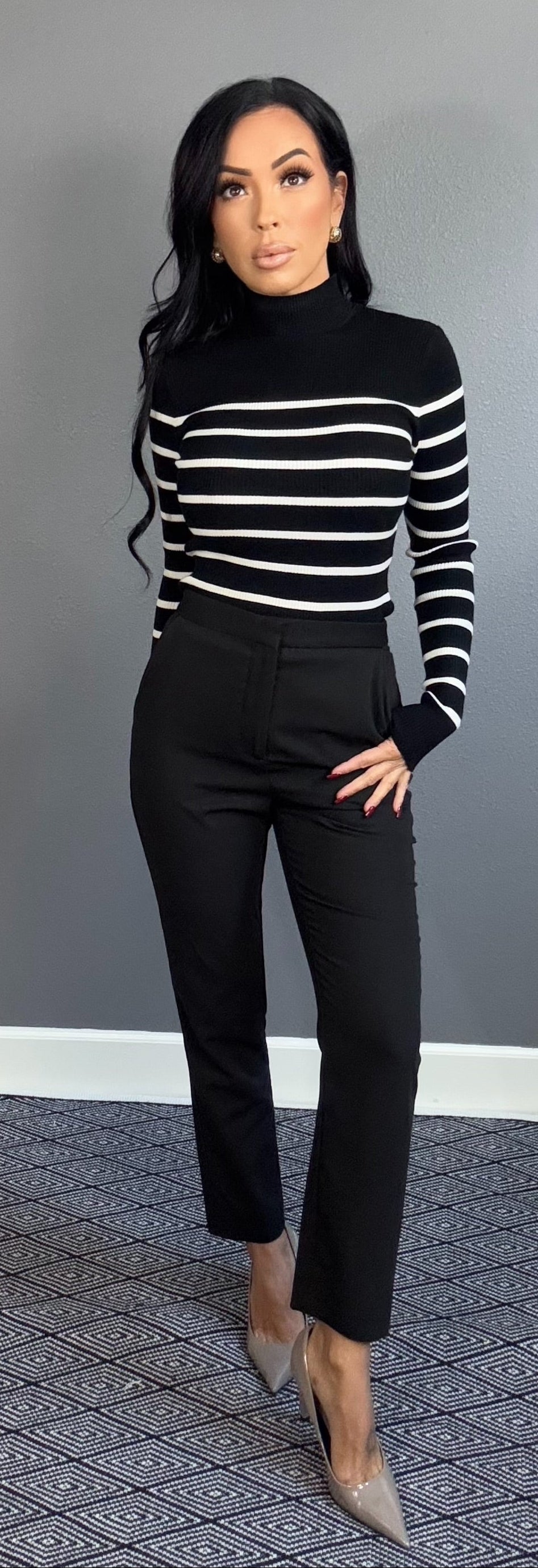EMMELINE STRIPED MOCK NECK TOP (BLACK w/ CREAM)