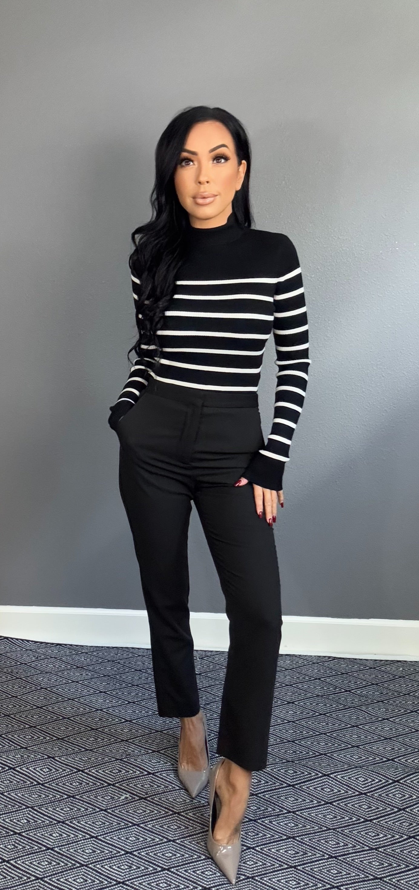 EMMELINE STRIPED MOCK NECK TOP (BLACK w/ CREAM)