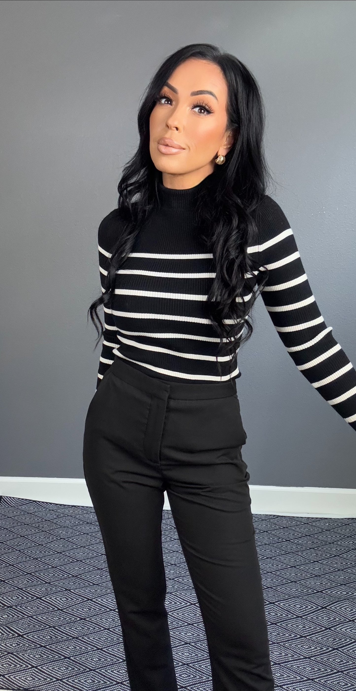 EMMELINE STRIPED MOCK NECK TOP (BLACK w/ CREAM)