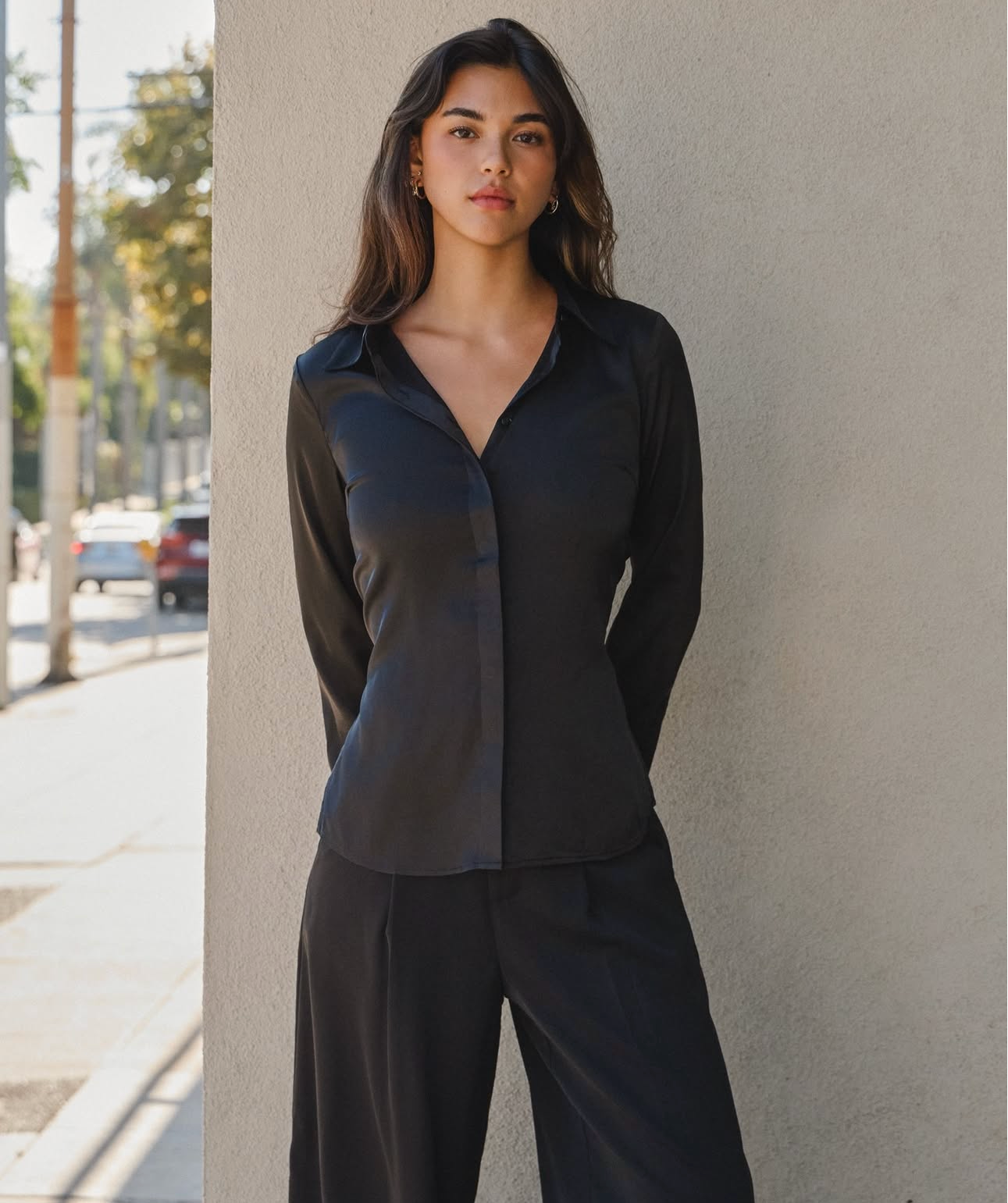 Halsey Satin Open Back Shirt (Black)