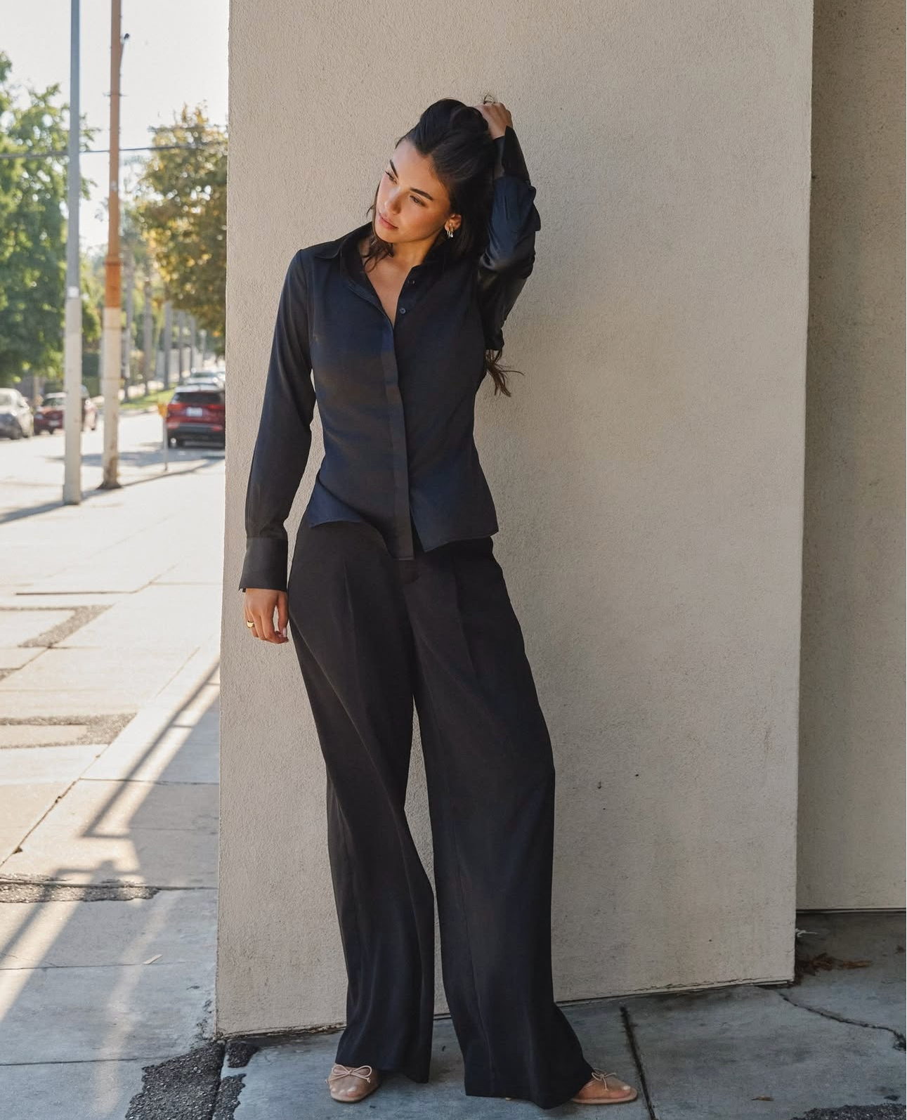 Halsey Satin Open Back Shirt (Black)
