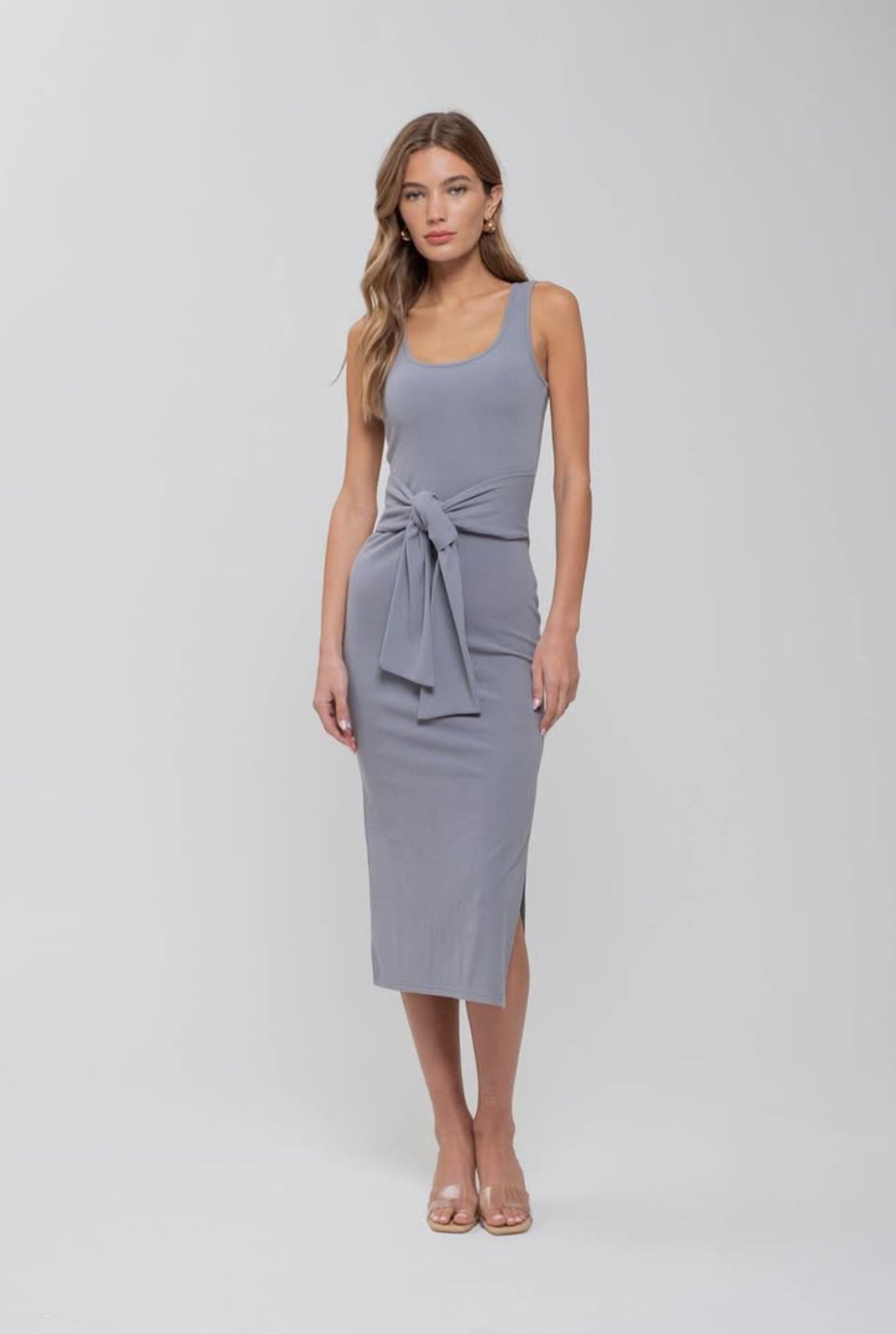 Opal Soft Stretch Tie Waist Midi Dress (Blue)