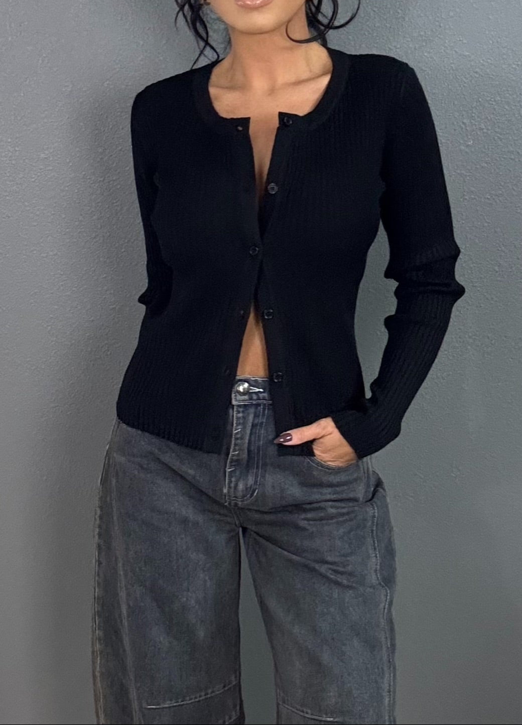 Ribbed Knit Soft Button Sweater Cardigan (Black)