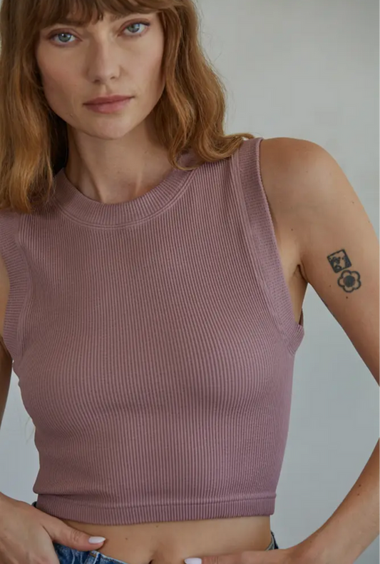 Jovi Seamless Ribbed Crop Sleeveless Top (Dusty Lilac, White or Dusty Sage)