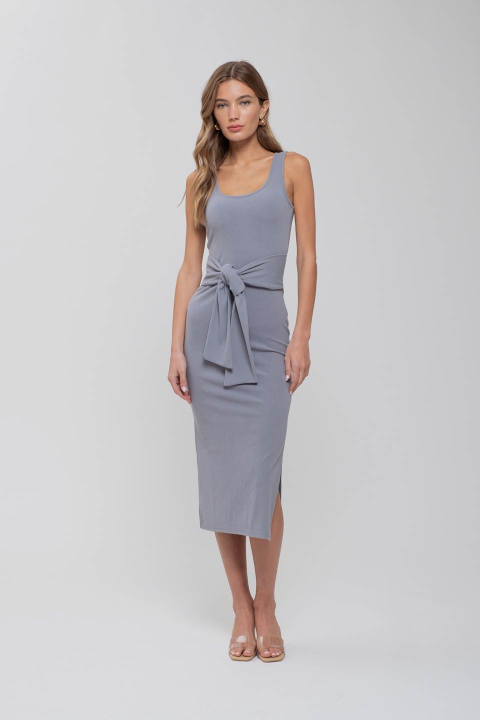 Opal Soft Stretch Tie Waist Midi Dress (Blue)