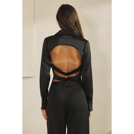 Halsey Satin Open Back Shirt (Black)