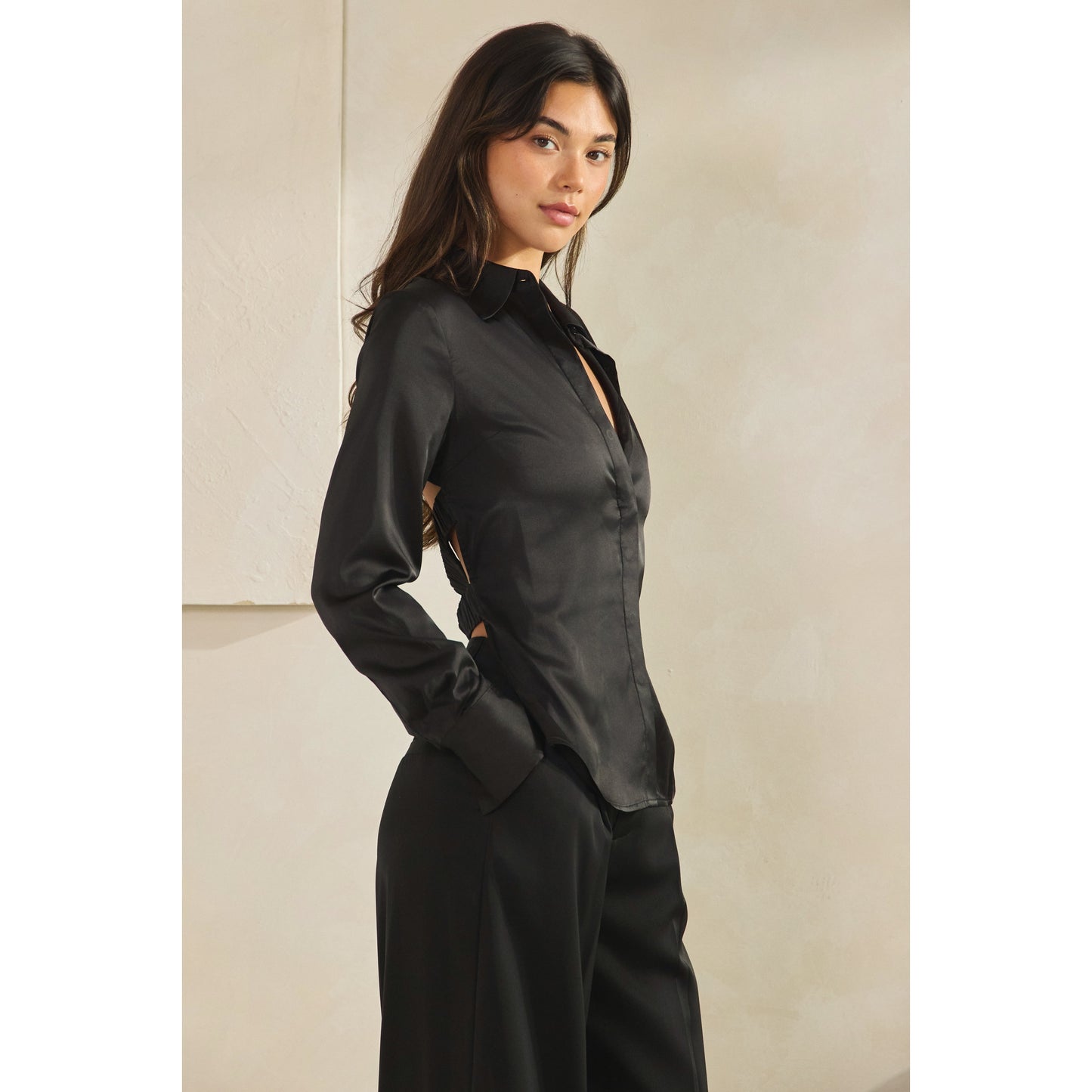 Halsey Satin Open Back Shirt (Black)