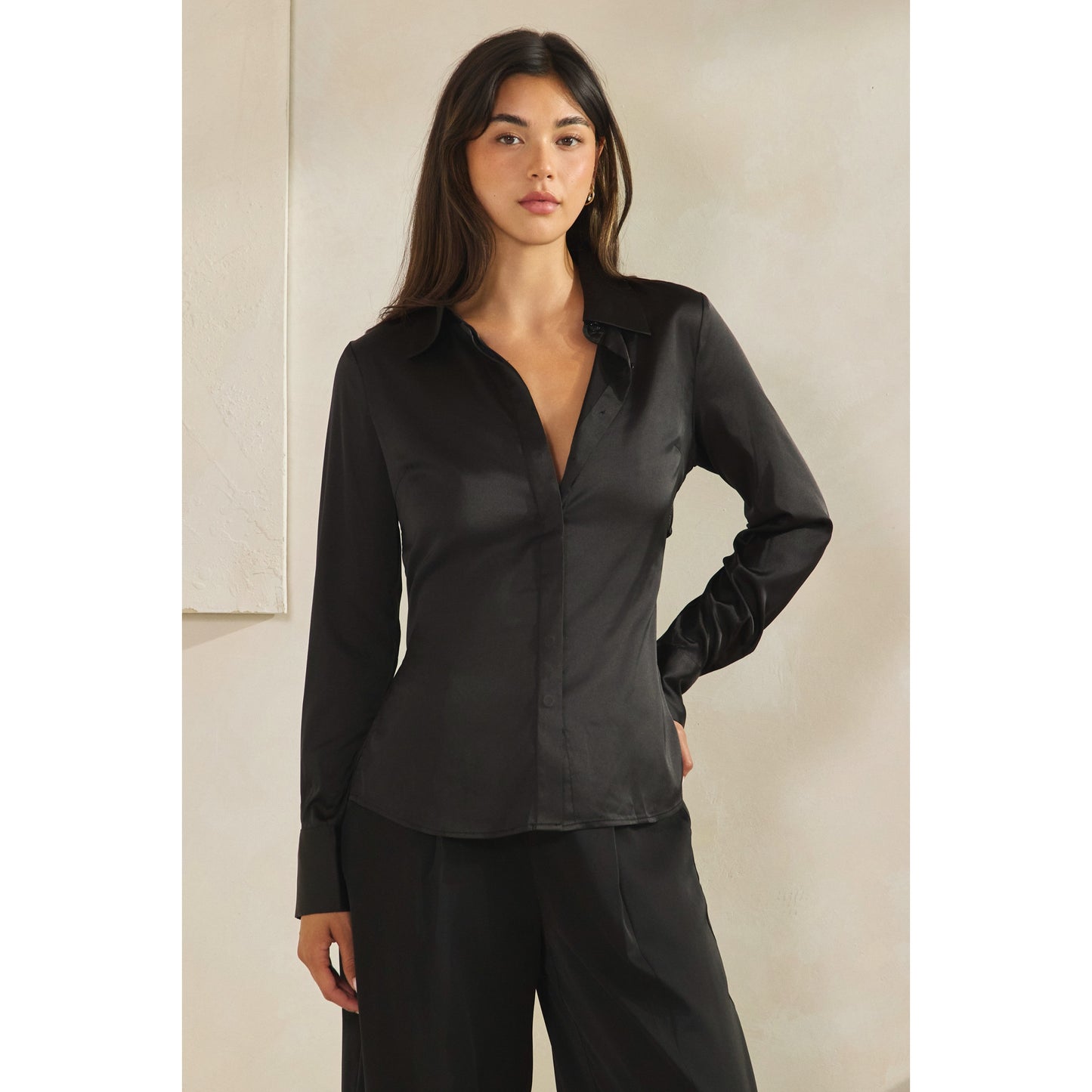 Halsey Satin Open Back Shirt (Black)