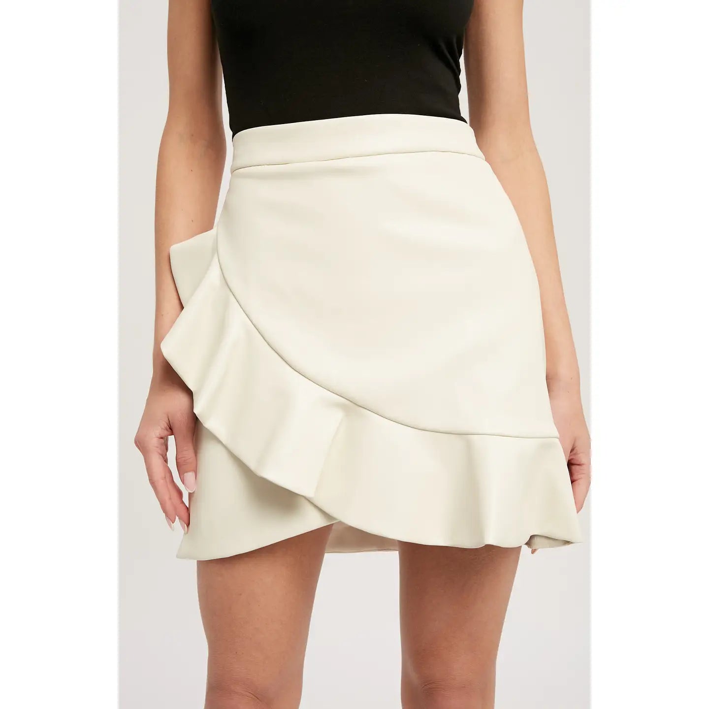 The Ariana Faux Leather Ruffled Mini Skirt (Ecru)