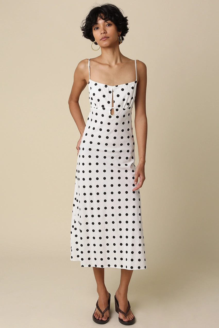 Melanie Polka Dot Open-Back Maxi Dress (Black & White)