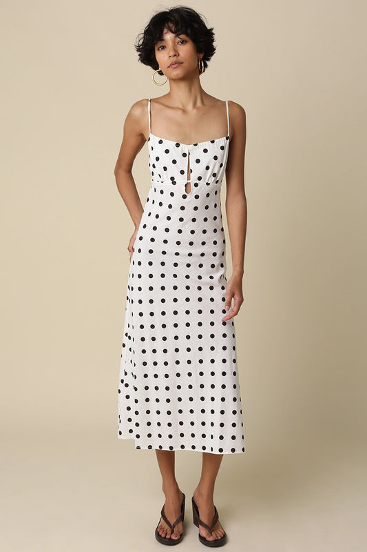 Melanie Polka Dot Open-Back Maxi Dress (Black & White)