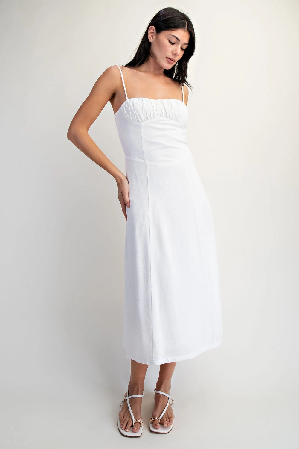 White Soft Linen Cami Ruched Bust Bodice Midi Women's Summer Dress