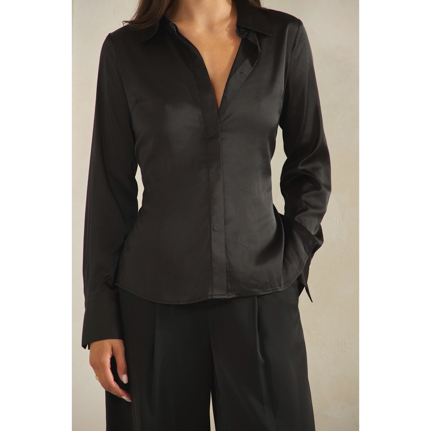 Halsey Satin Open Back Shirt (Black)