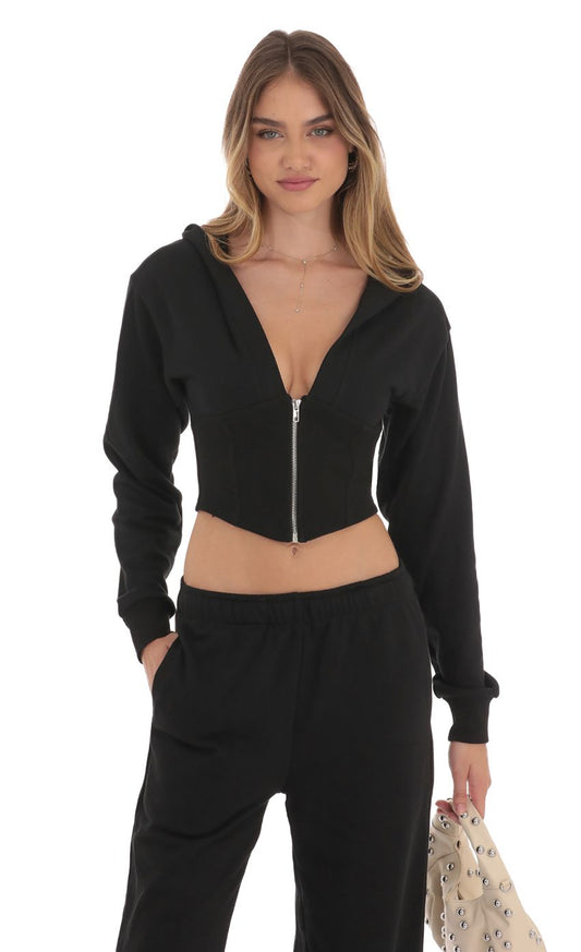 BEDFORD CROPPED POINTED HOODIE TOP (BLACK)