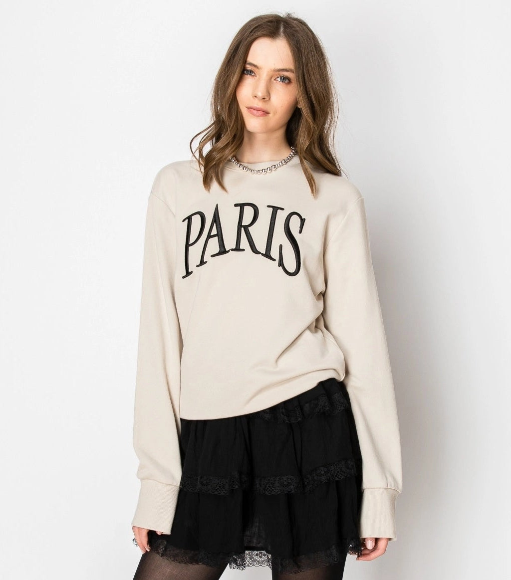 Paris Embroidered French Terry Sweatshirt Pullover (Gray or Beige)