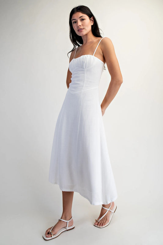 White Soft Linen Cami Ruched Bust Bodice Midi Women's Dress