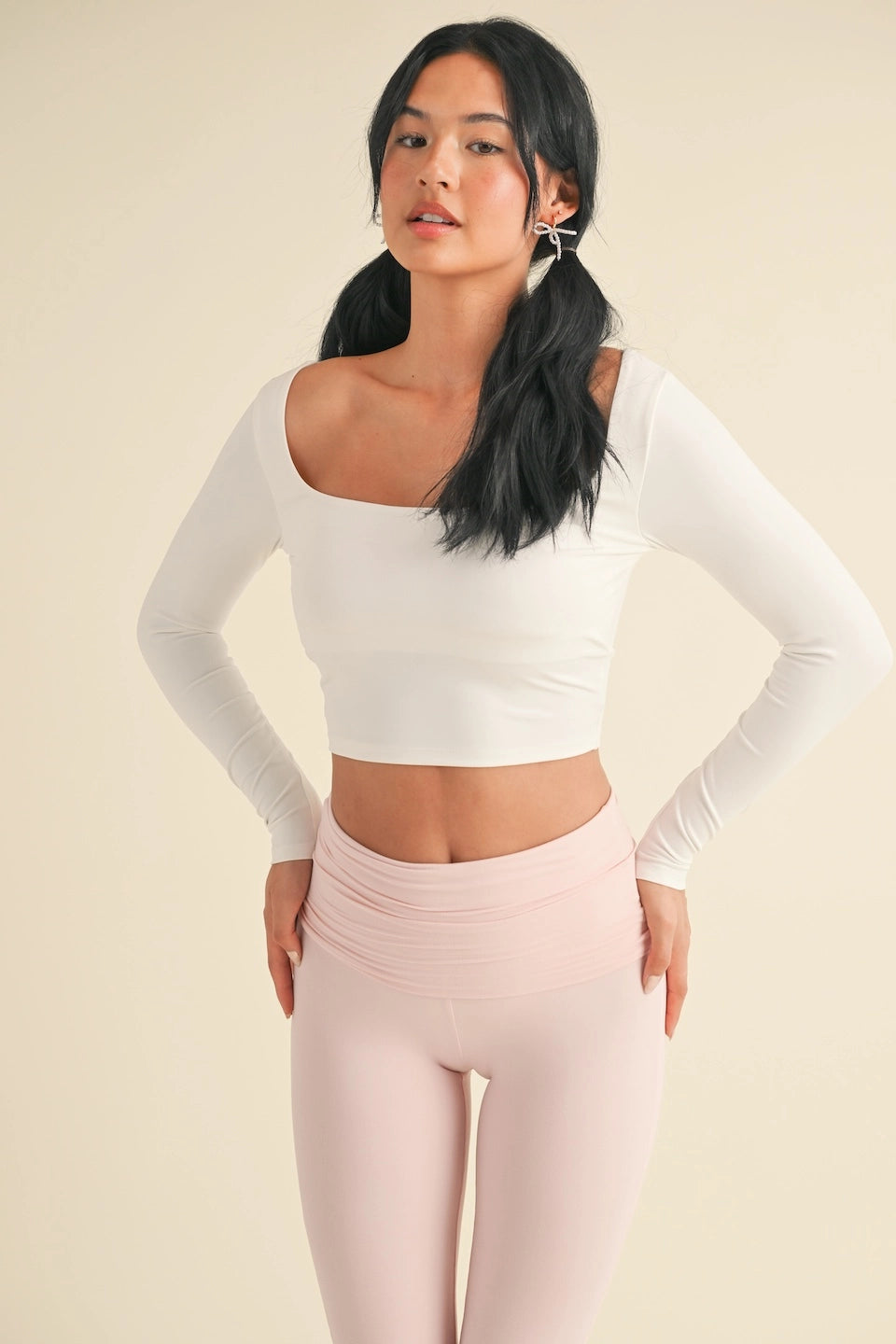 Balletcore Long Sleeve Square Neck Active Top (White)