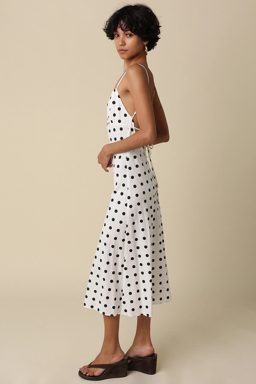 Melanie Polka Dot Open-Back Maxi Dress (Black & White)