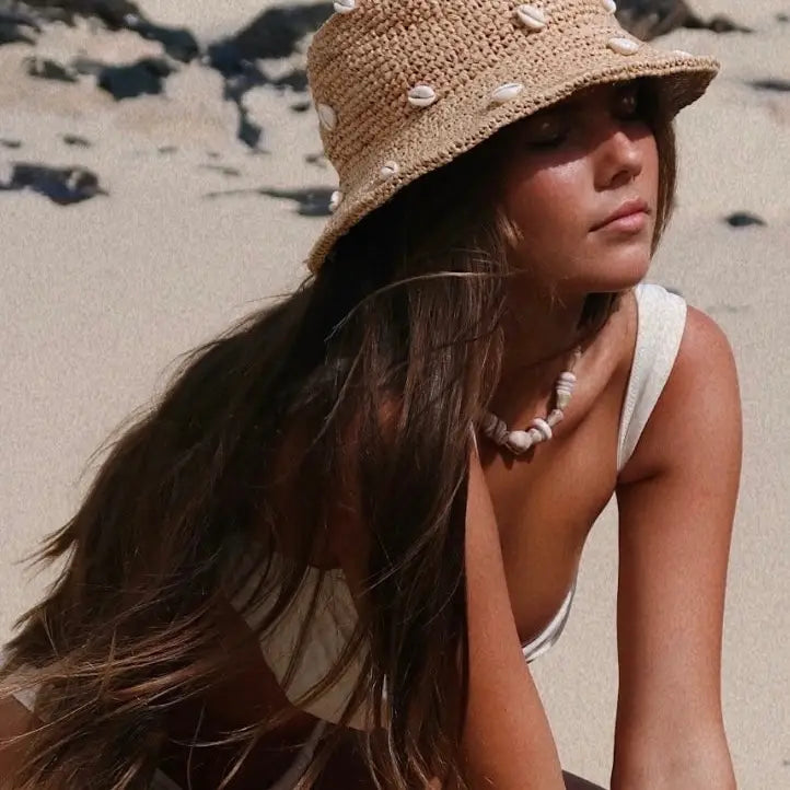 Puka Dot Cowry Shell Raffia Bucket Hat