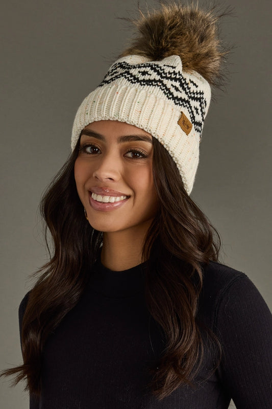 Winter Speckled Pattern Pom Hat (Cream & Black)