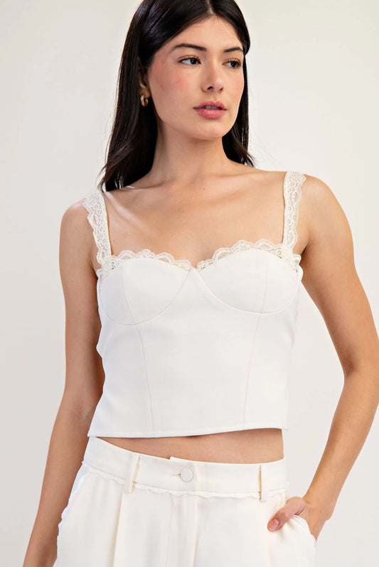 Madison Muse Lace Trim Cami Top (Ecru)